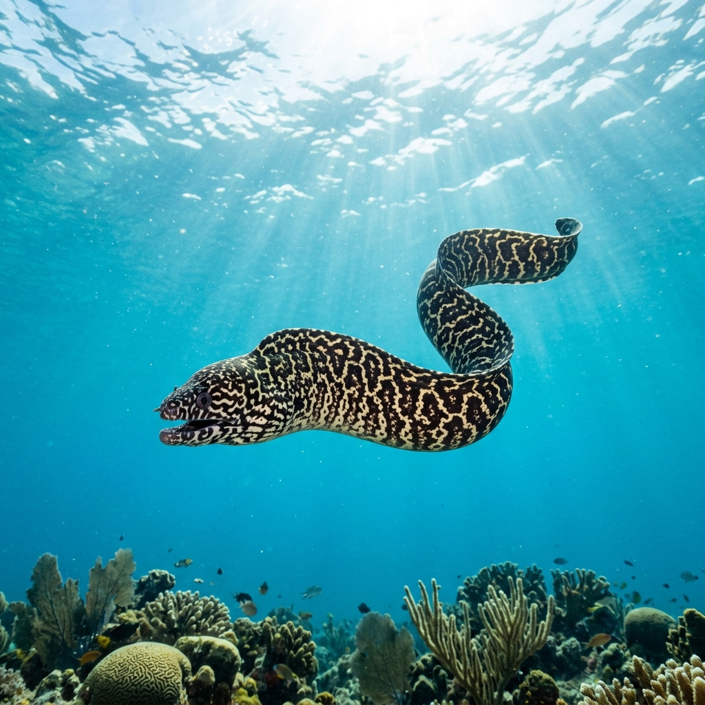 Chain moray eel with distinctive dark brown and yellow chain-link patterned body peering from a coral reef crevice.