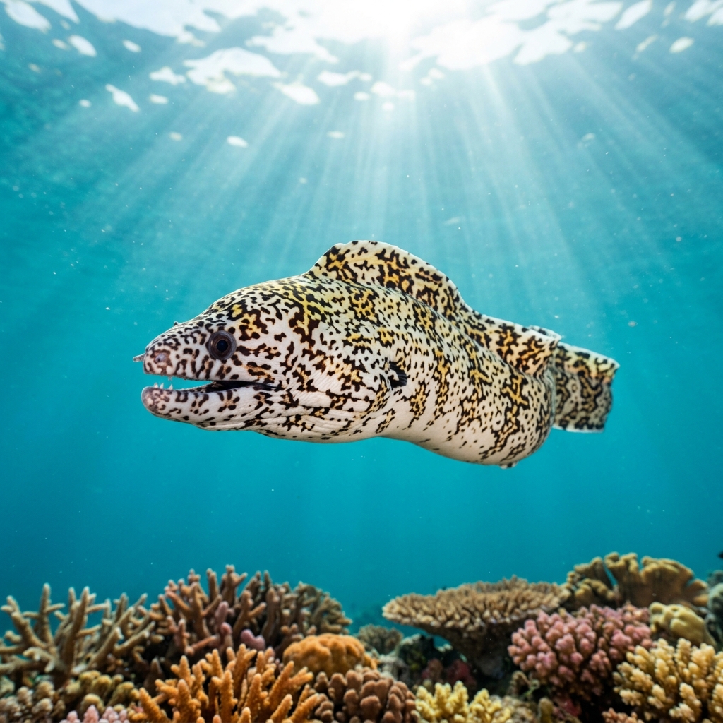 Snowflake moray eel with white body and irregular black and yellow rosette markings peering from a crevice in a coral reef.