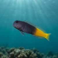 Adult bicolor blenny with dark front half and orange-yellow rear half perched on coral rubble.