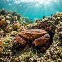 Edible crab with a broad, pie-crust-edged brown shell resting on a rocky seabed.