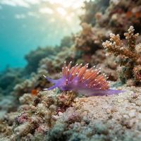 Violet sea slug with purple body and orange-tipped cerata crawling on rocky Mediterranean reef.