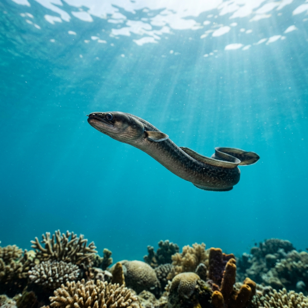 Eel (Anguilliformes spp.) swimming in its natural underwater habitat