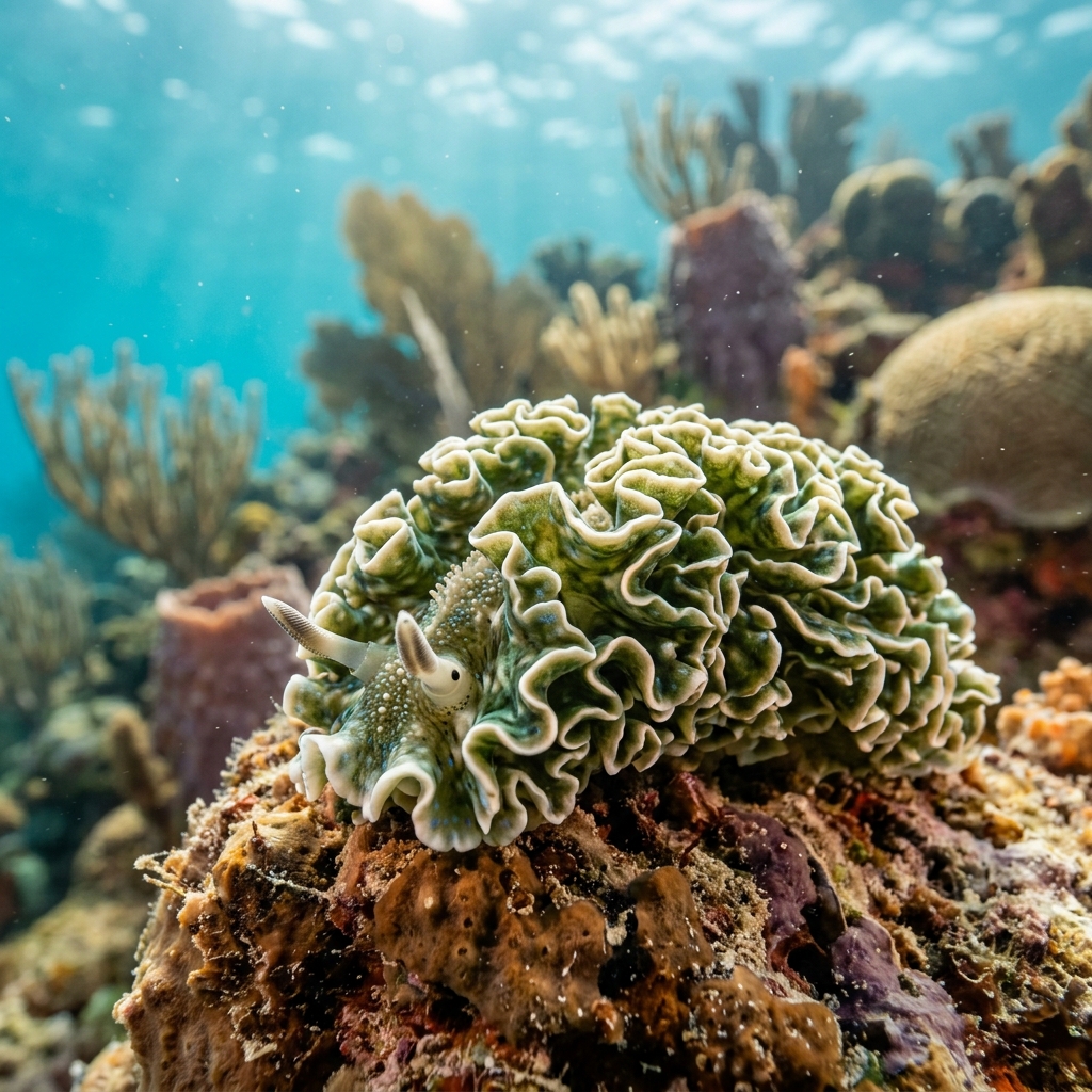 Lettuce sea slug with bright green ruffled parapodia spread wide across a coral reef surface.