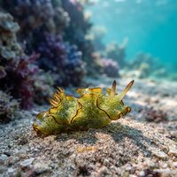 Tri-banded Taco Slug with frilly, striped parapodia crawling over reef rubble underwater.