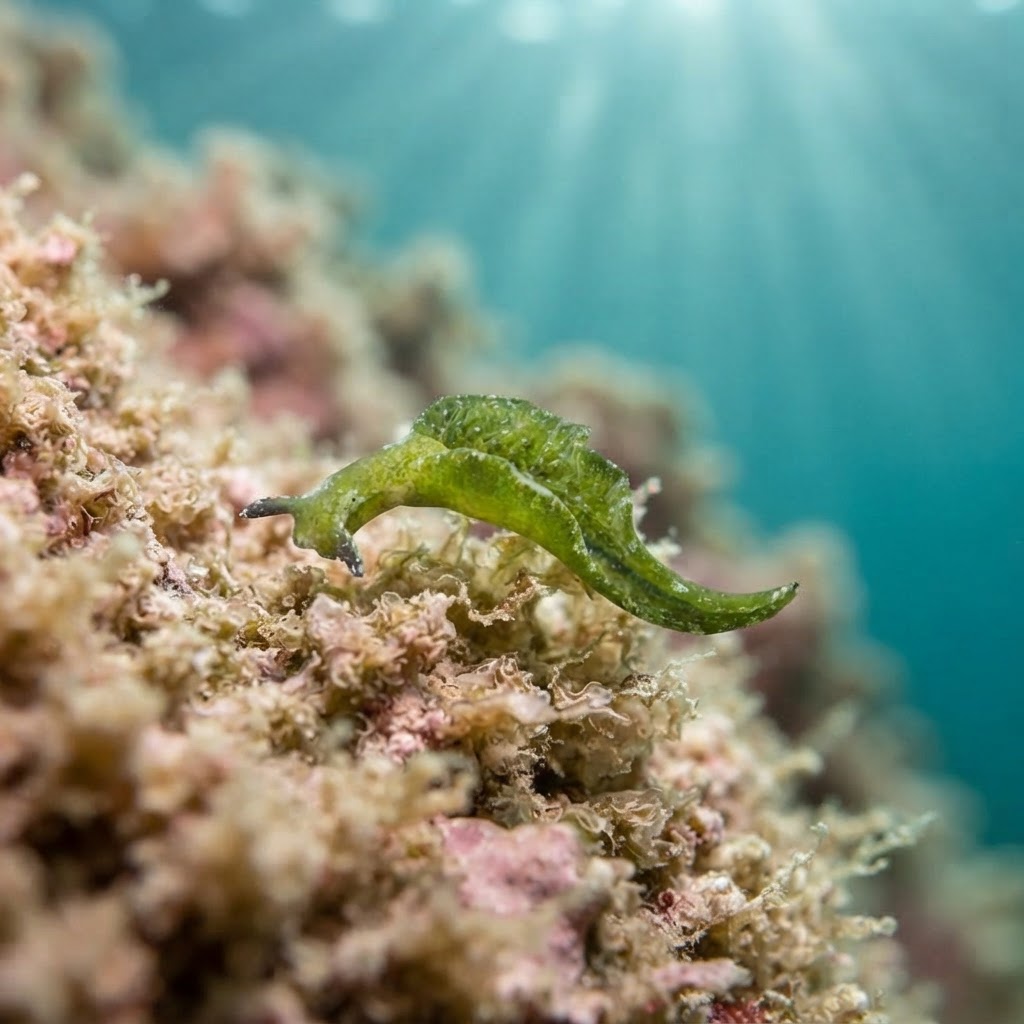 Adult sap-sucking slug, a small translucent green sea slug with iridescent blue speckles, on a rock in cool water.