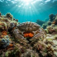Mole crab with a smooth grey-tan oval shell half-buried in wet sand at the water's edge.