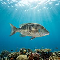 Emperor fish with pale silvery-grey body, thick lips, and tapered snout swimming along a tropical coral reef.