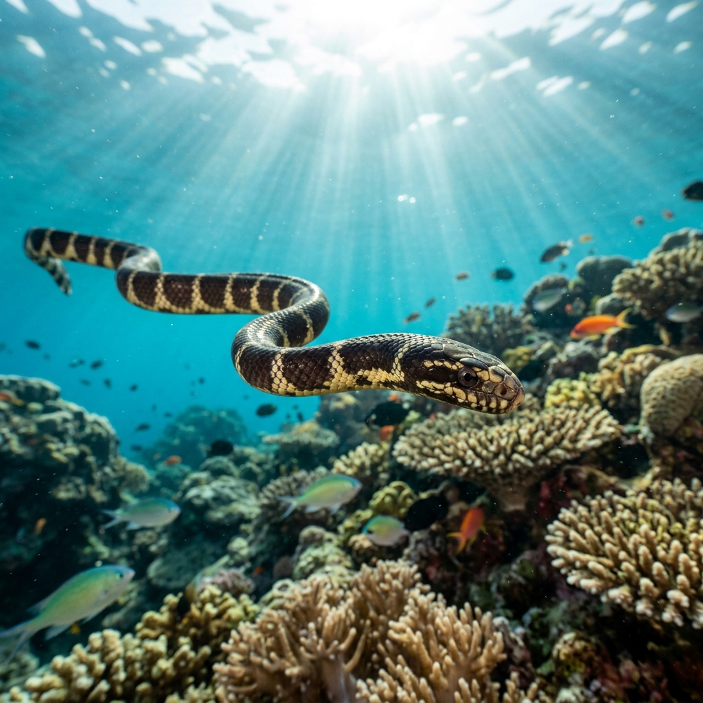 Ijima's Sea Snake with dark banded body resting on a shallow coral reef in clear tropical water.