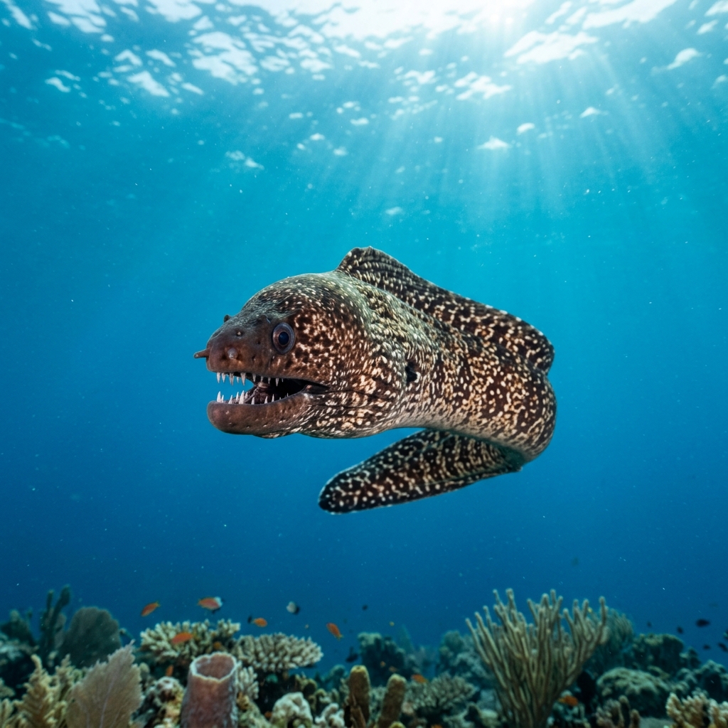 Fangtooth Moray with mottled brown and white patterning and prominent interlocking teeth peering from a rocky crevice.