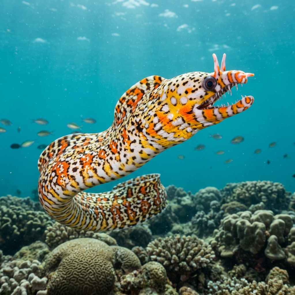 Hawaiian Dragon Eel with vivid orange and white mottled patterning and fang-like teeth visible, peering from a rocky reef crevice.
