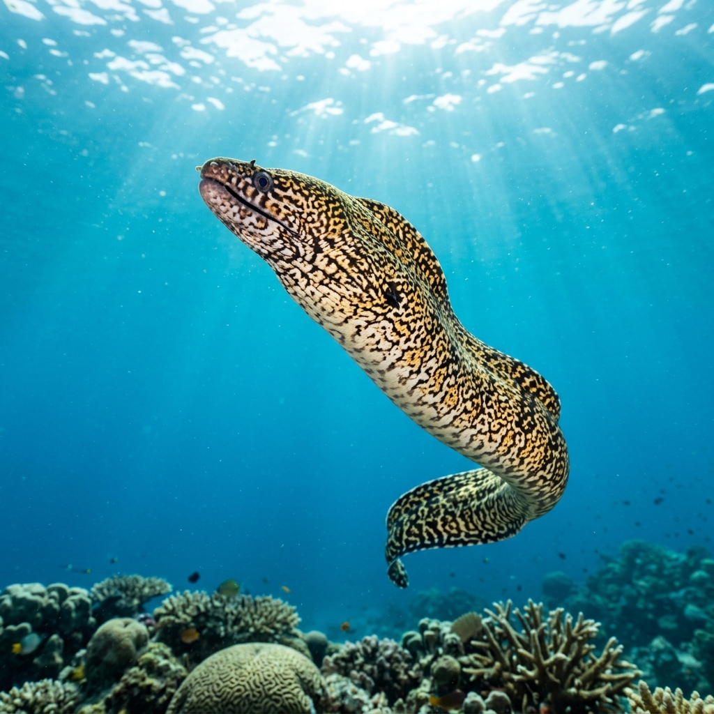 Mosaic Moray eel with a mottled brown and white reticulated pattern resting in a rocky reef crevice.