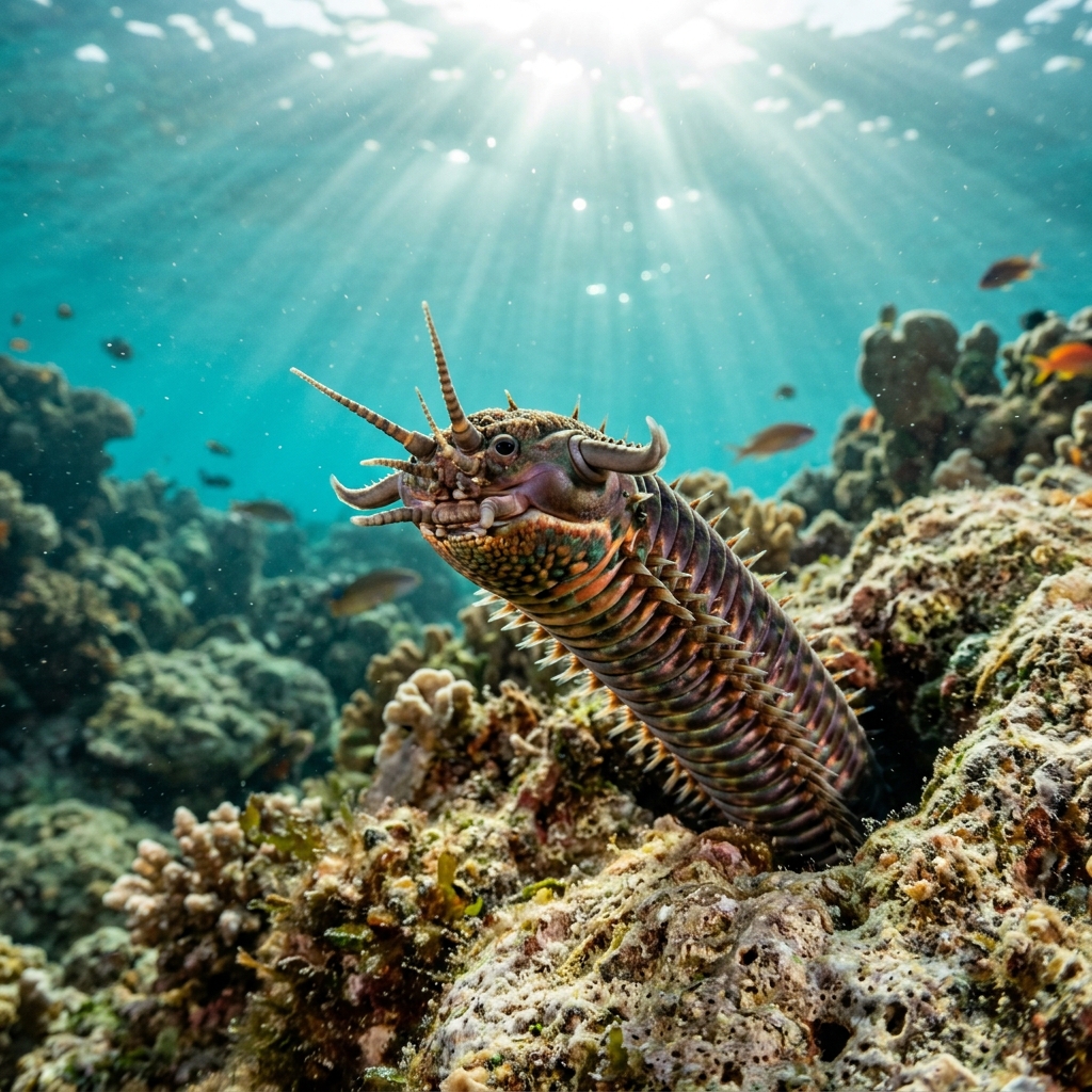 Wonder-worm emerging from a sandy reef crevice, showing iridescent segmented body with bristled appendages.