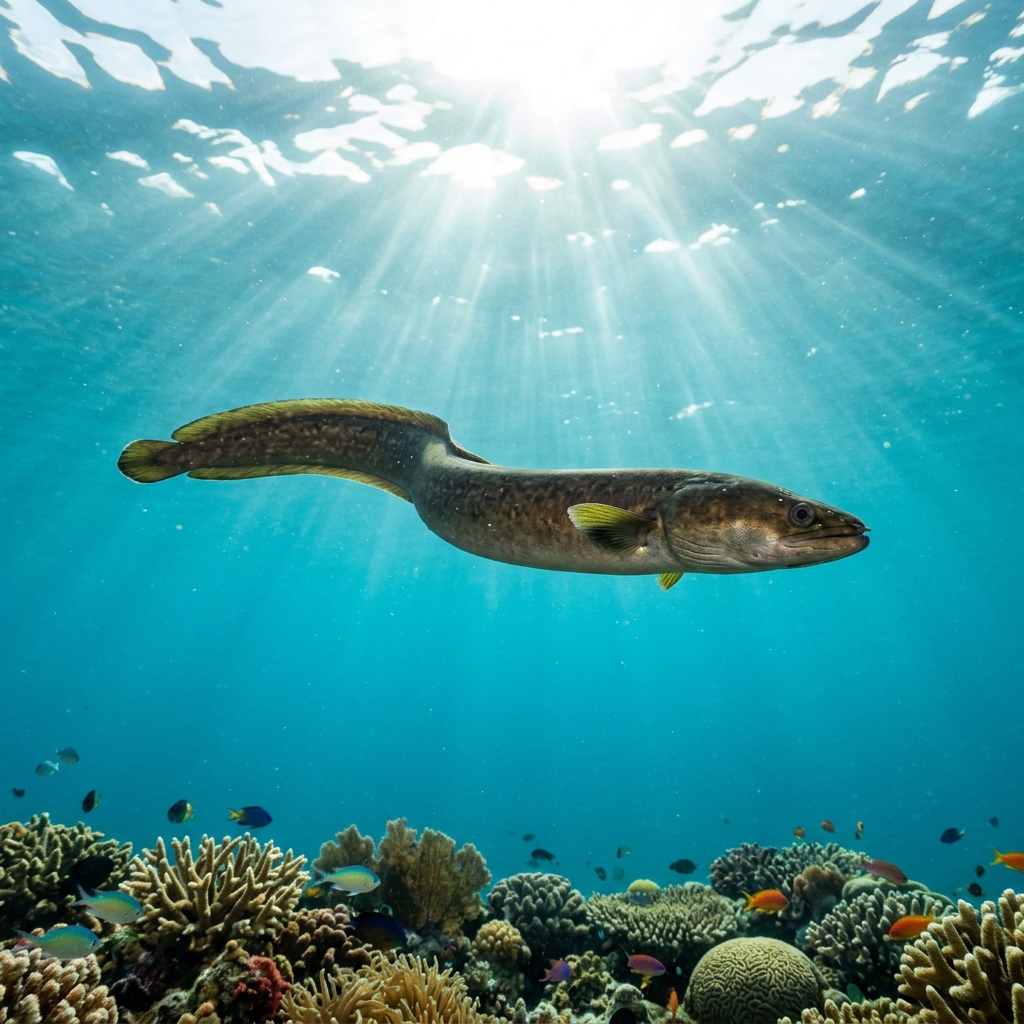 European Eel (Anguillidae spp.) swimming in its natural underwater habitat