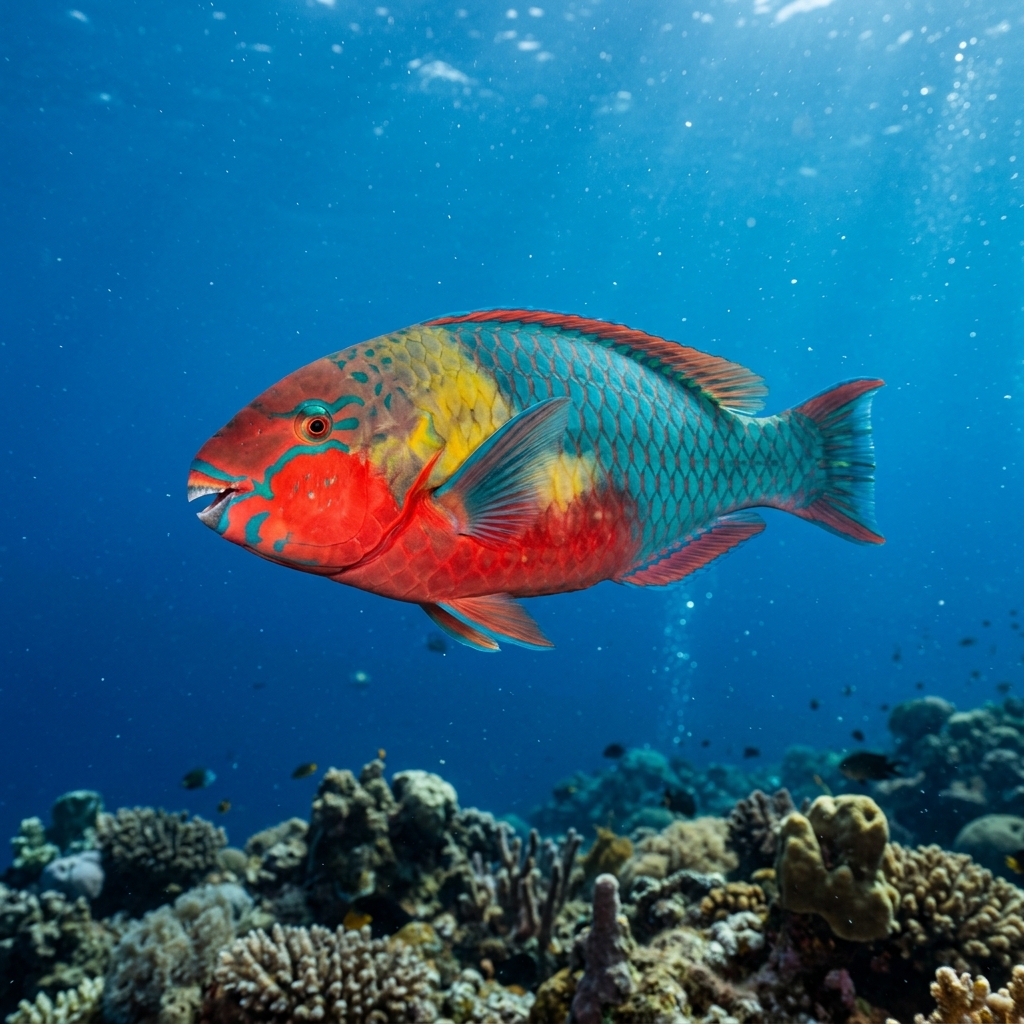 European Parrotfish (Sparisoma cretense) swimming in its natural underwater habitat