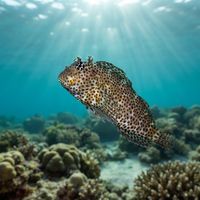Leopard blenny with white-spotted brown body peering out from a hole in a coral head.