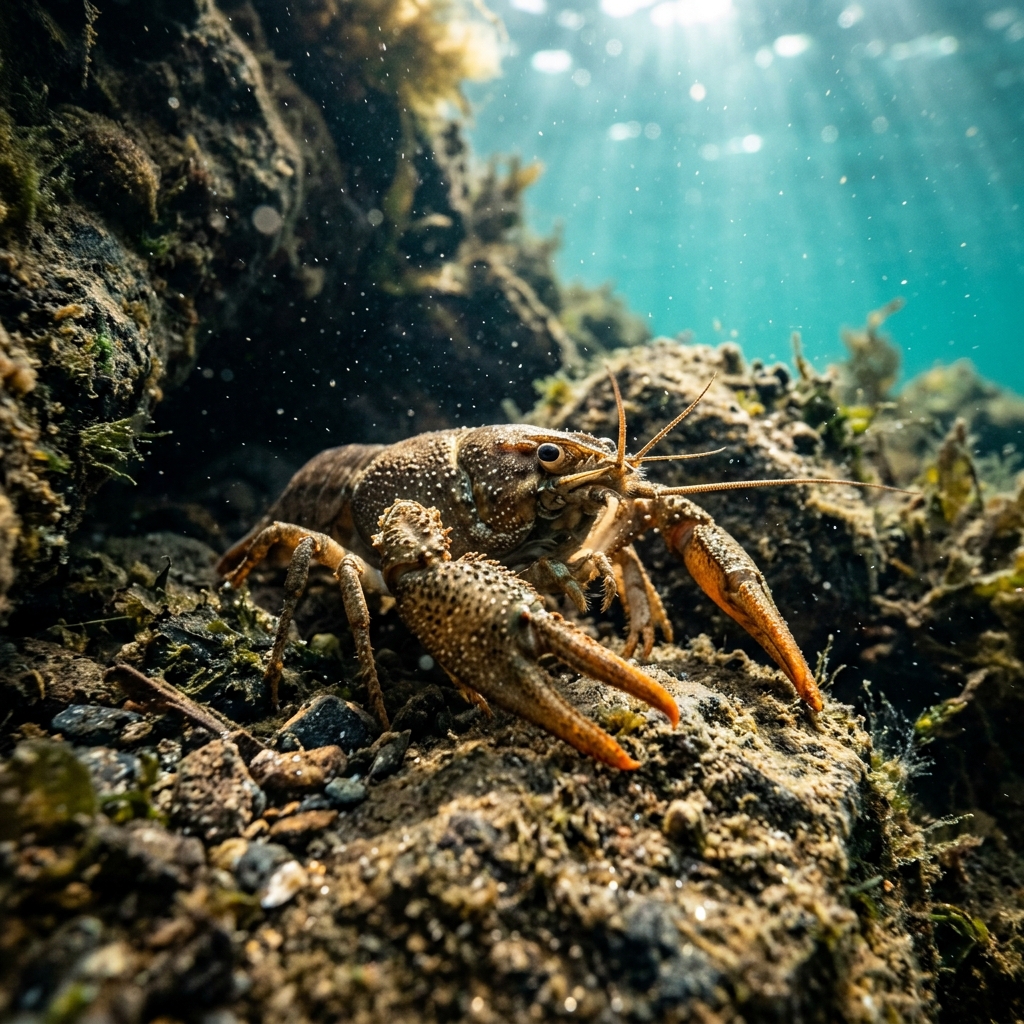 American Crayfish on a freshwater lakebed, showing reddish-brown segmented body, large claws, and long antennae.