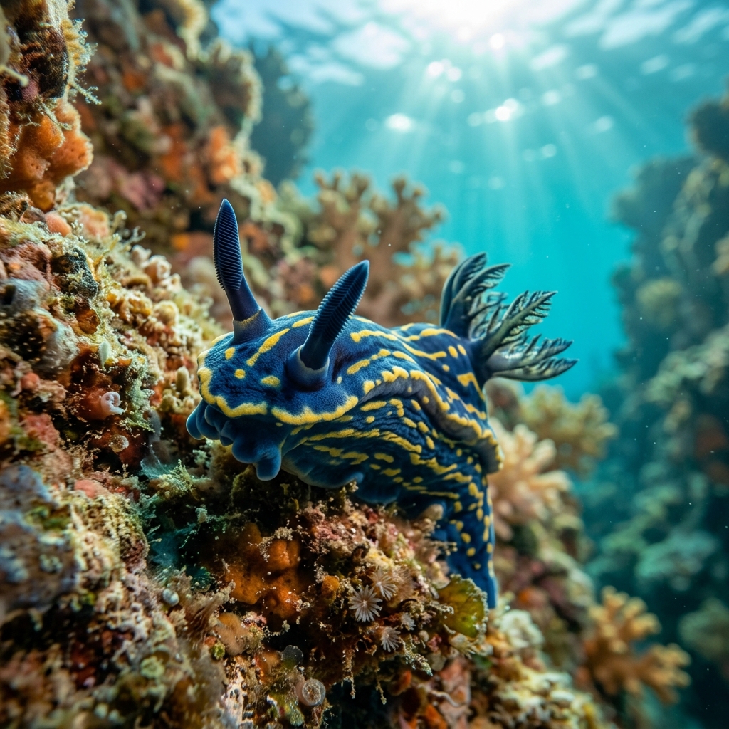 Giant Doris nudibranch with blue and yellow patterned body and white-tipped gills crawling across a rocky Mediterranean reef.