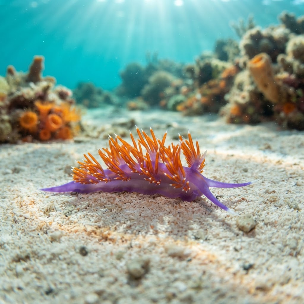 Flabellina ischitana nudibranch with translucent white body and orange-tipped cerata on a rocky Mediterranean reef.