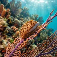 Flamingo tongue snail with bright orange and black-outlined spots on a cream mantle, crawling on a purple sea fan.