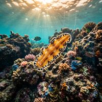 Flatworm with vivid orange and white patterned body gliding across a coral reef surface.