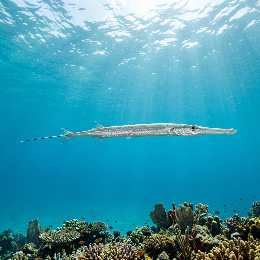 Flutemouth (Fistulariidae spp.) swimming in its natural underwater habitat