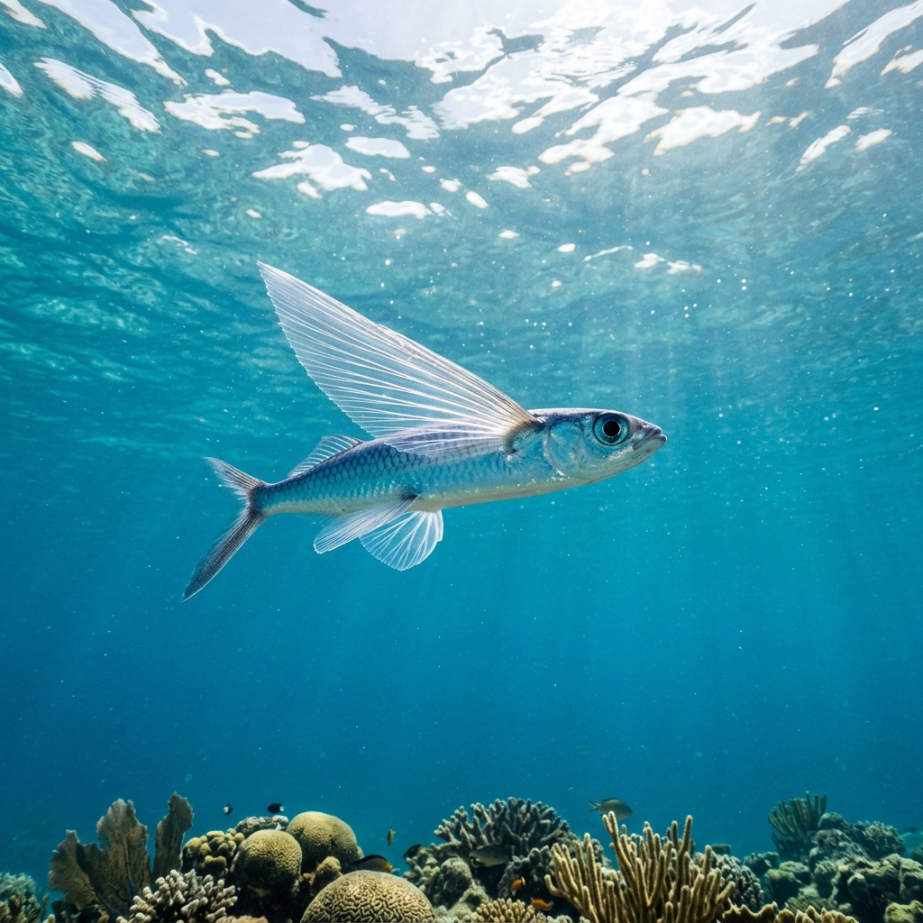 Flying Fish (Exocoetidae spp.) swimming in its natural underwater habitat