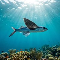 Flying fish skimming the surface with large, outstretched pectoral fins spread wide over open blue ocean water.