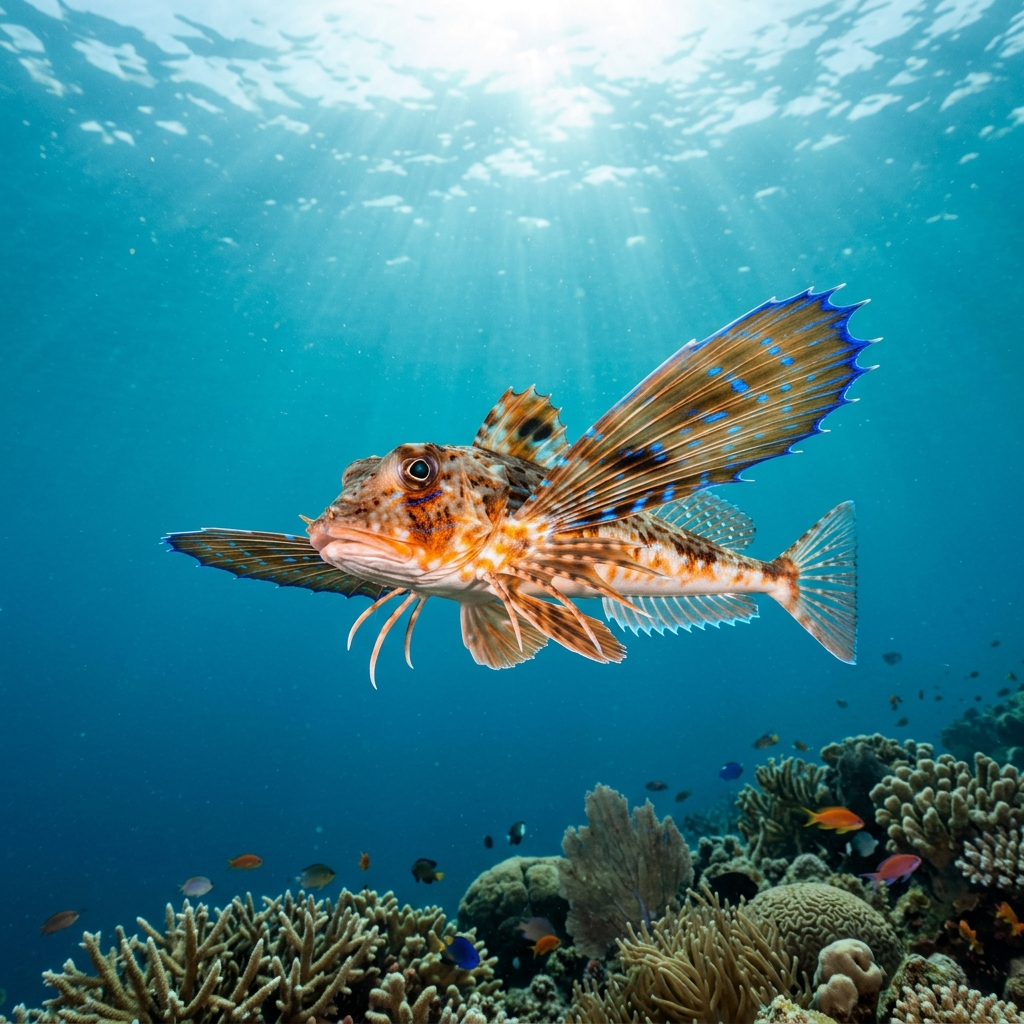 Flying Gurnard (Dactylopteridae spp.) swimming in its natural underwater habitat