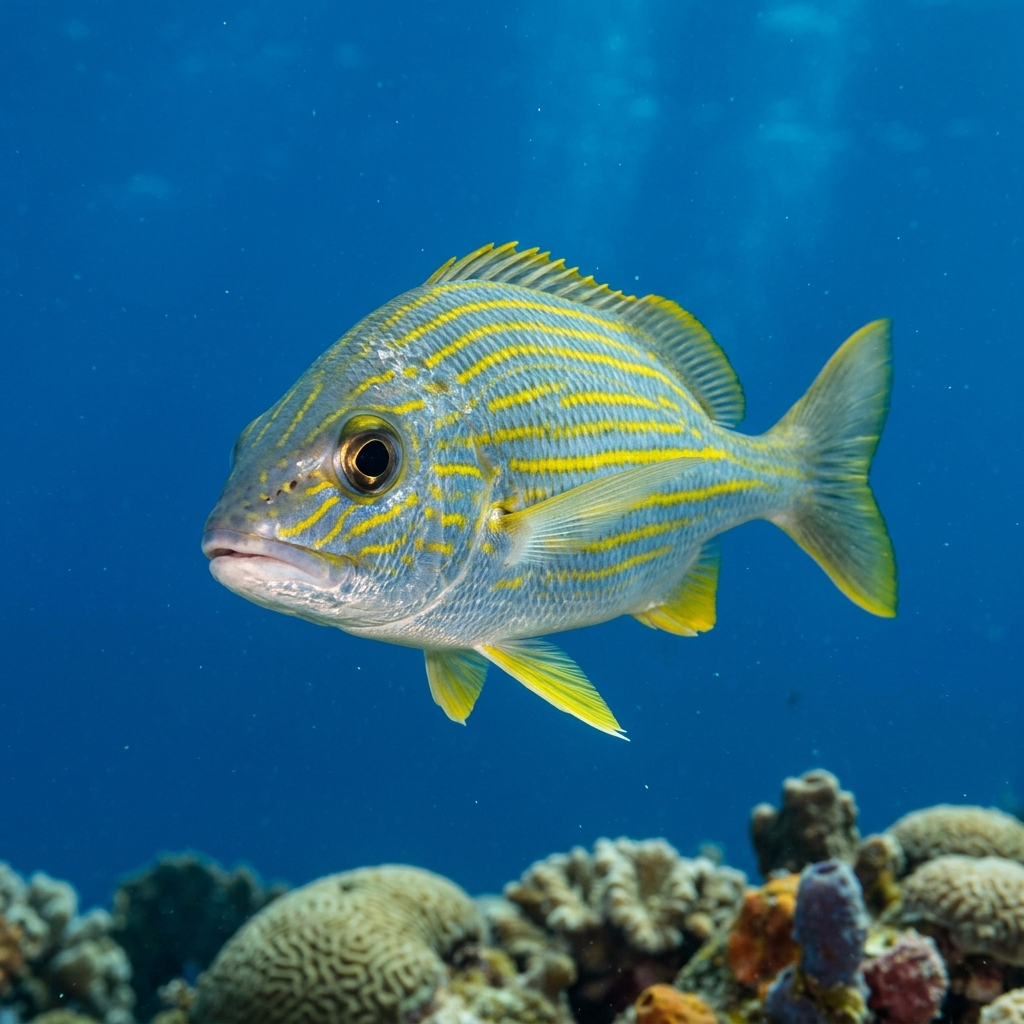 French Grunt (Haemulon flavolineatum) swimming in its natural underwater habitat