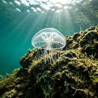Freshwater jellyfish, a tiny translucent bell-shaped medusa with fine tentacles, drifting in open lake water.