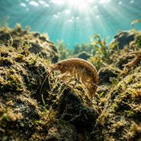 Freshwater shrimp, a small pale translucent crustacean, clinging to submerged vegetation in a shallow freshwater stream.