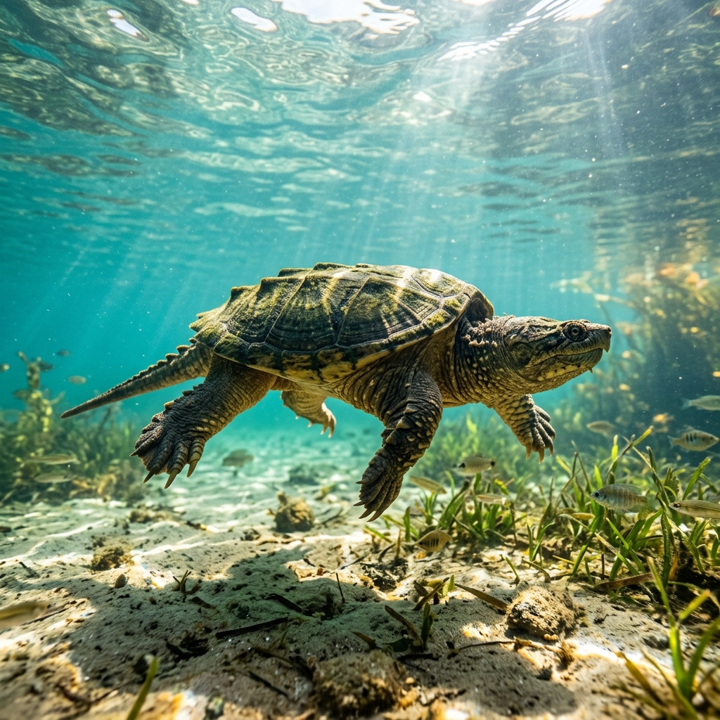 Freshwater Turtle (Chelydridae spp.) swimming through clear tropical waters