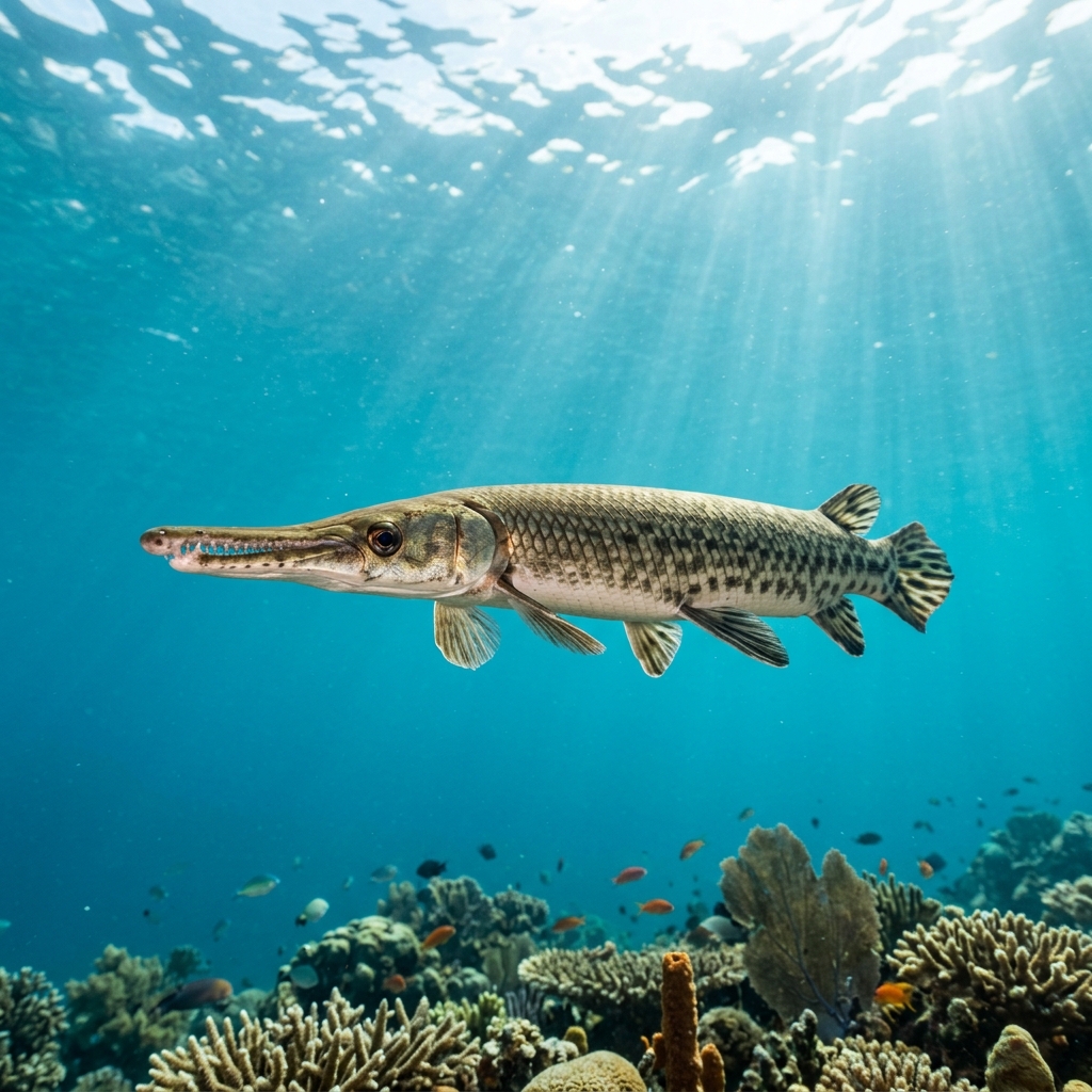 Gar (Accacoeliidae spp.) swimming in its natural underwater habitat