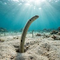 Garden eels emerging from sandy seafloor in a dense colony, their slender pale bodies swaying upright in the current.