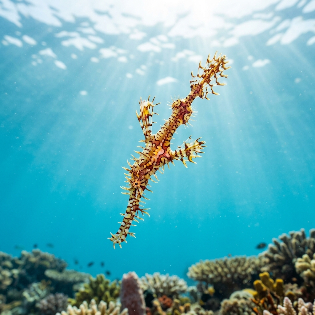 Ghost Pipefish (Solenostomidae spp.) swimming in its natural underwater habitat