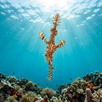 Ghost pipefish camouflaged against a feather star, showing elongated body and fused pelvic fins in shallow tropical reef water.