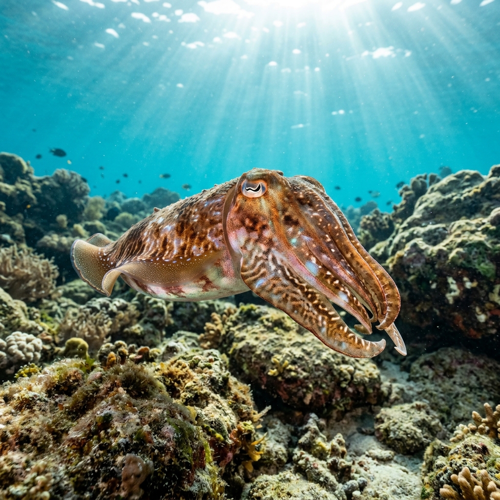 Giant cuttlefish with rippling iridescent skin displaying brown, white and orange patterns hovering above a rocky reef.