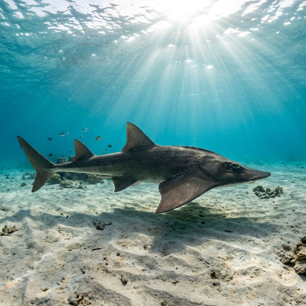 Giant Guitarfish resting on sandy seafloor, showing its broad, flattened grey-brown body and long shark-like tail.