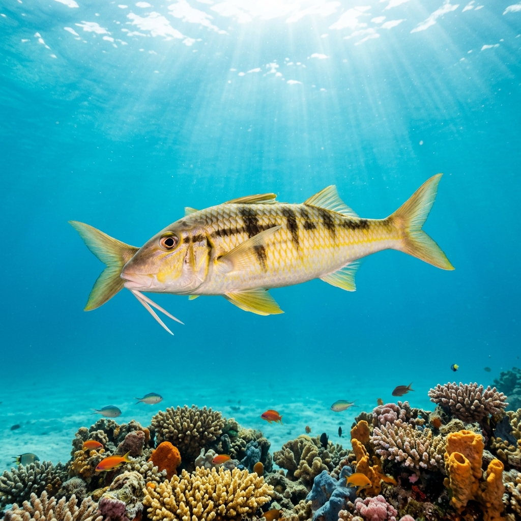 Goatfish (Mullidae spp.) swimming in its natural underwater habitat