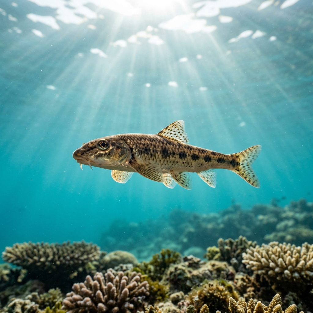 Gudgeon, a small slender freshwater fish with a pale sandy-brown body, dark spotted flanks, and a distinctive barbel at each corner of the mouth, resting near a gravel riverbed.