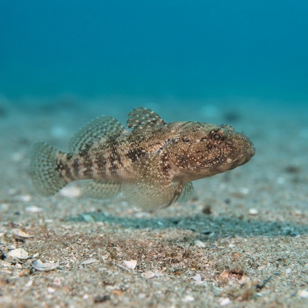 Adult giant goby with mottled brown-grey body resting on a rock ledge in shallow Mediterranean water.