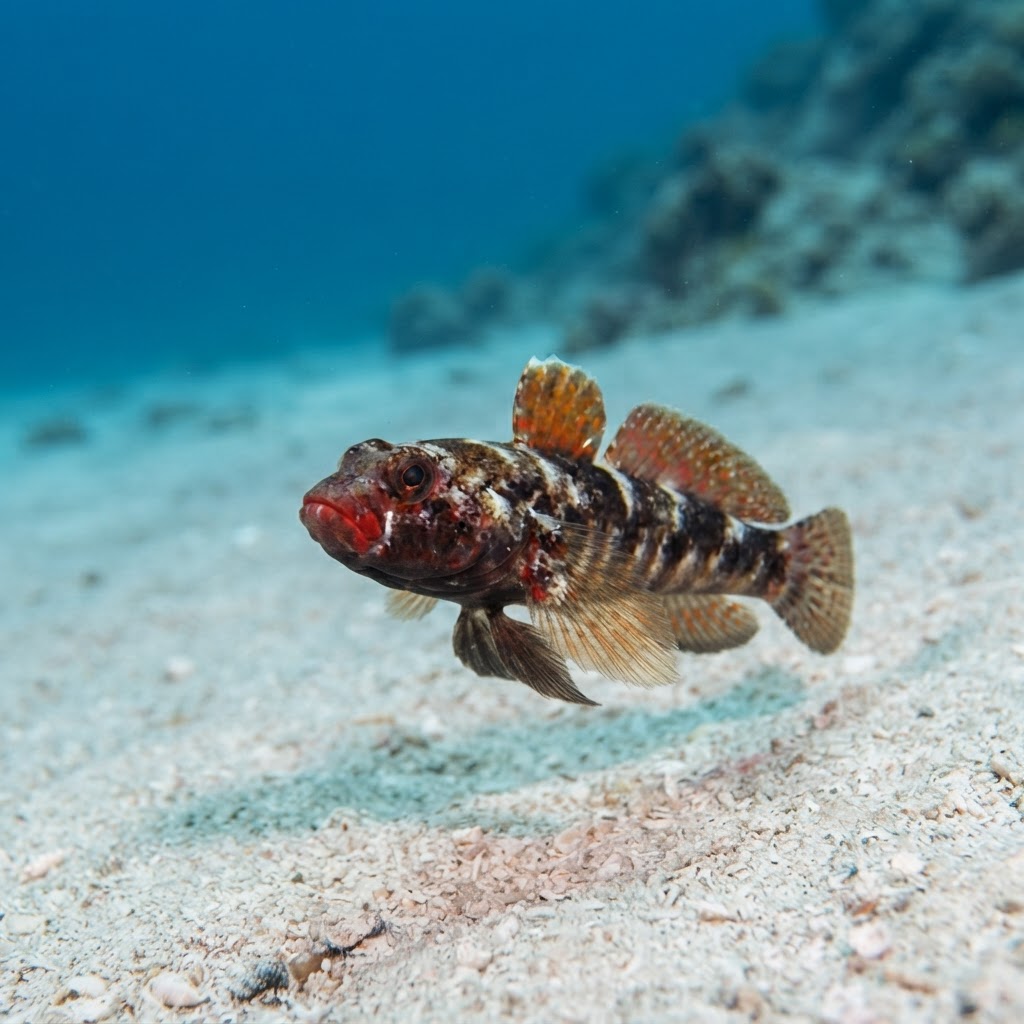 Red-mouthed goby resting on a rocky ledge with mottled brown skin and a reddish mouth.