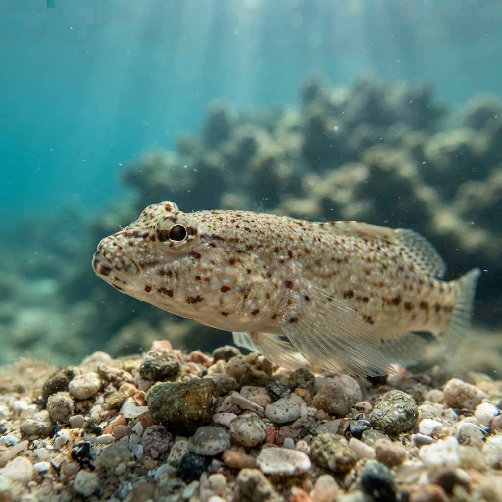Small mottled brown Incognito Goby perched on a rock amid Mediterranean algae and sand.