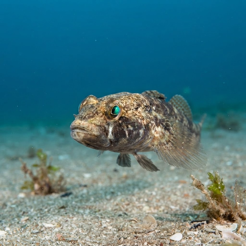 Black Goby resting on sand, dark mottled body with a blunt head, near a rocky seabed.