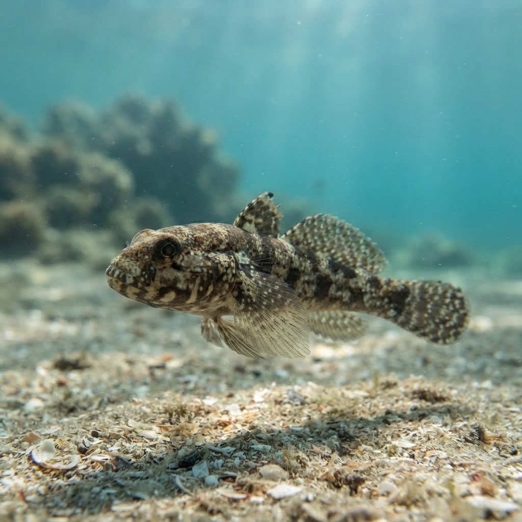 Adult rock goby with mottled brown body and pale-edged dark spot on the first dorsal fin resting on a rock.