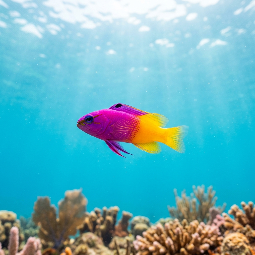 Fairy basslet showing vivid purple front half and yellow rear half, hovering near a coral reef wall.