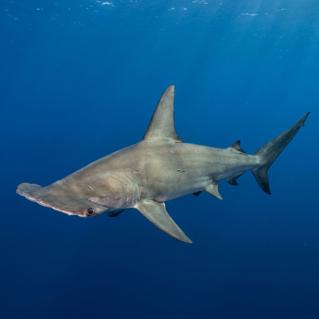 Great hammerhead shark with wide flat cephalofoil and tall first dorsal fin cruising over a sandy reef bottom in blue water.