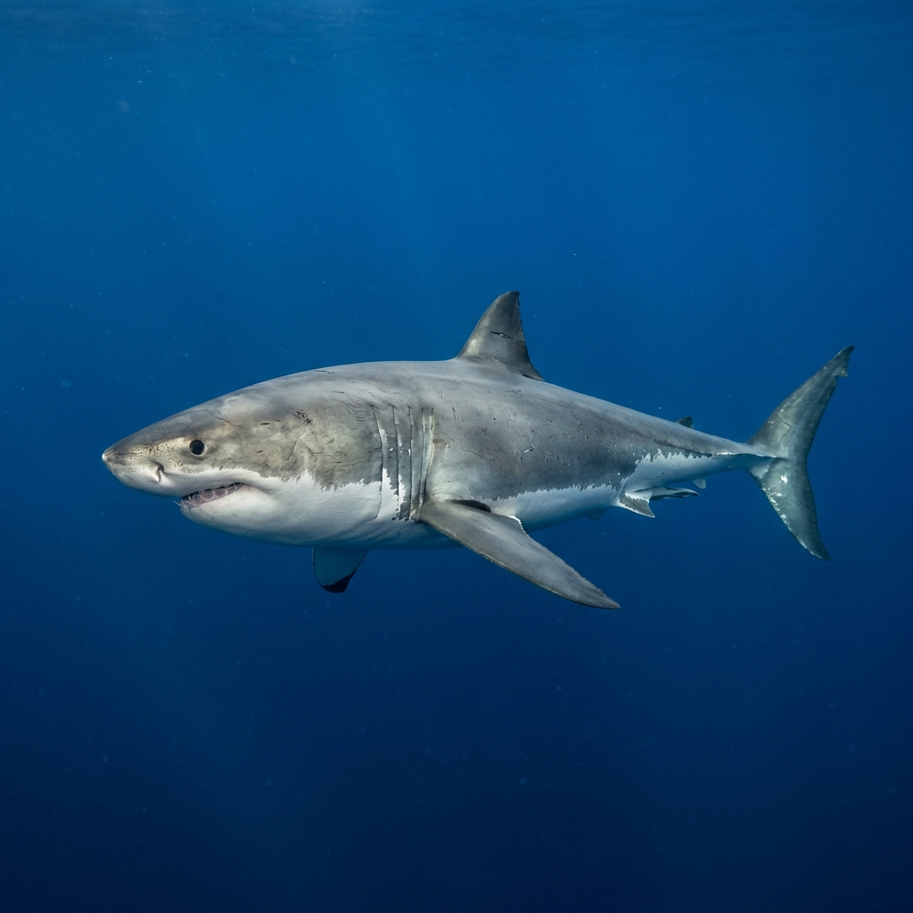 Great white shark with grey dorsal colouring and bright white underside swimming in open blue water, showing its broad conical snout.