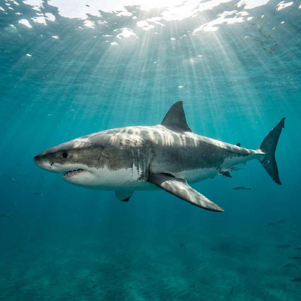 Great White Shark (Lamnidae spp.) cruising through the ocean