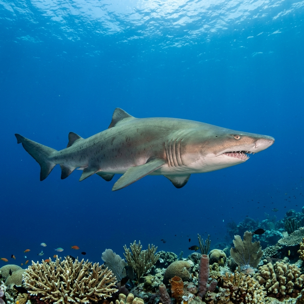 Grey Nurse Shark (Carcharias taurus) cruising through the ocean